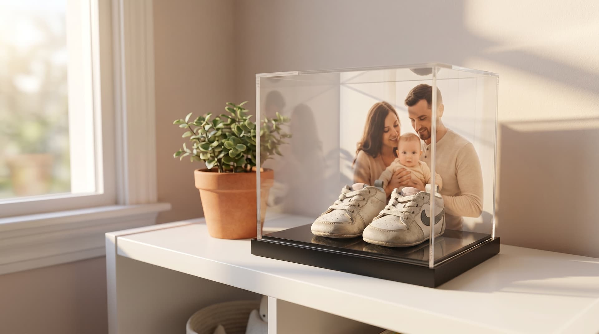 Crystal-clear acrylic memory box displaying a pair of baby shoes against a personalised photo back panel, on a nursery shelf