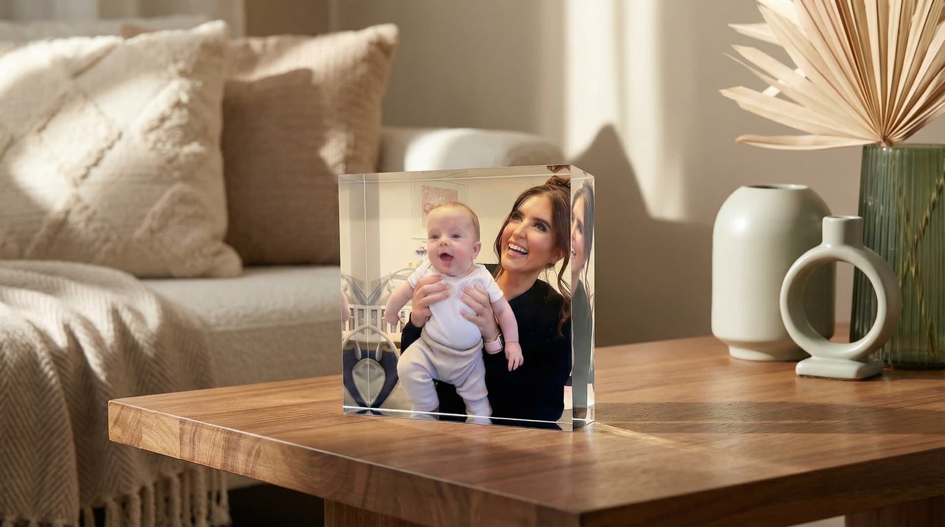 25mm acrylic photo block displaying a family photo on a living room coffee table