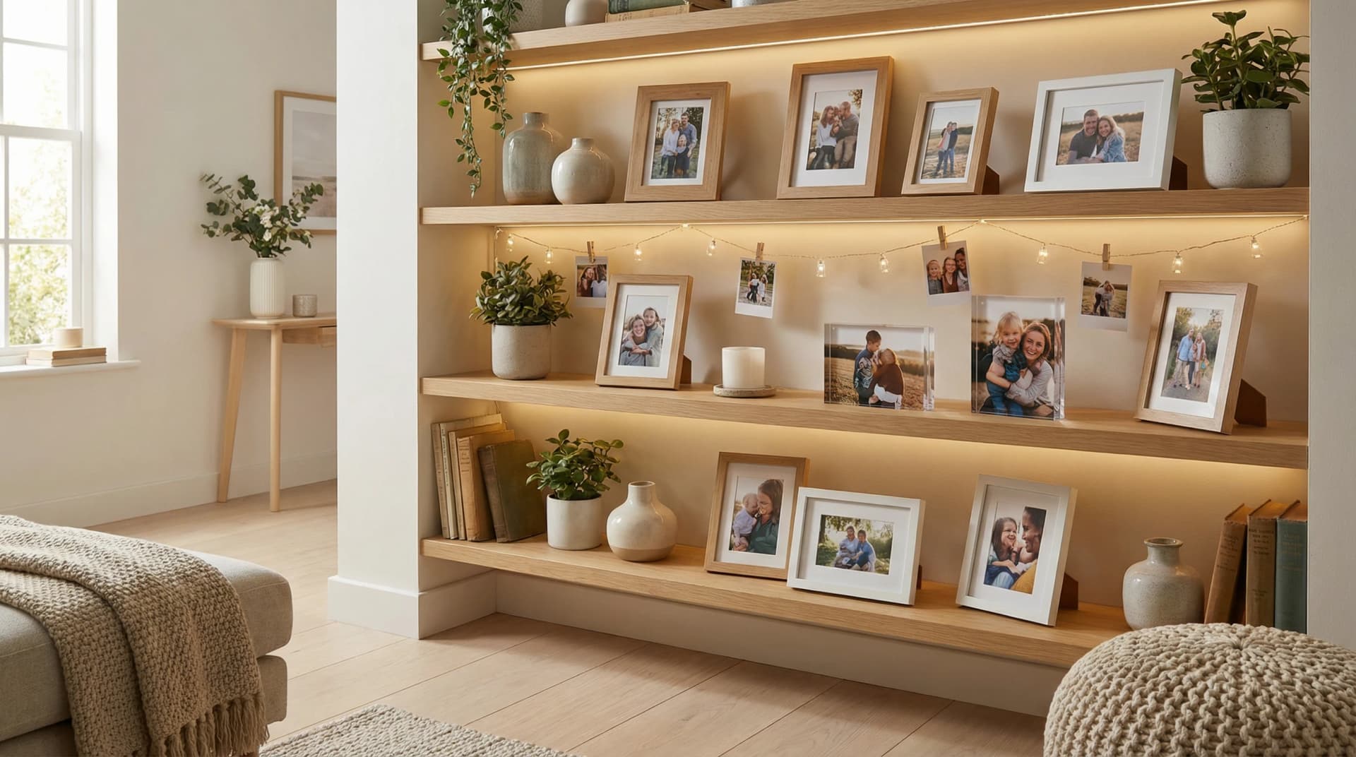 Cosy living room shelf display with multiple framed photos, acrylic photo blocks and LED mood lights creating a warm gallery wall