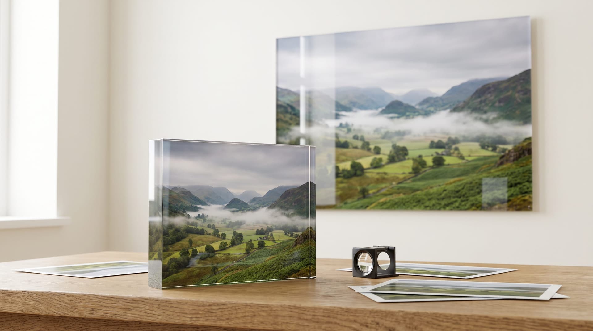 A frameless acrylic print of a misty Lake District valley on a studio wall, with a smaller acrylic block of the same scene on the desk below