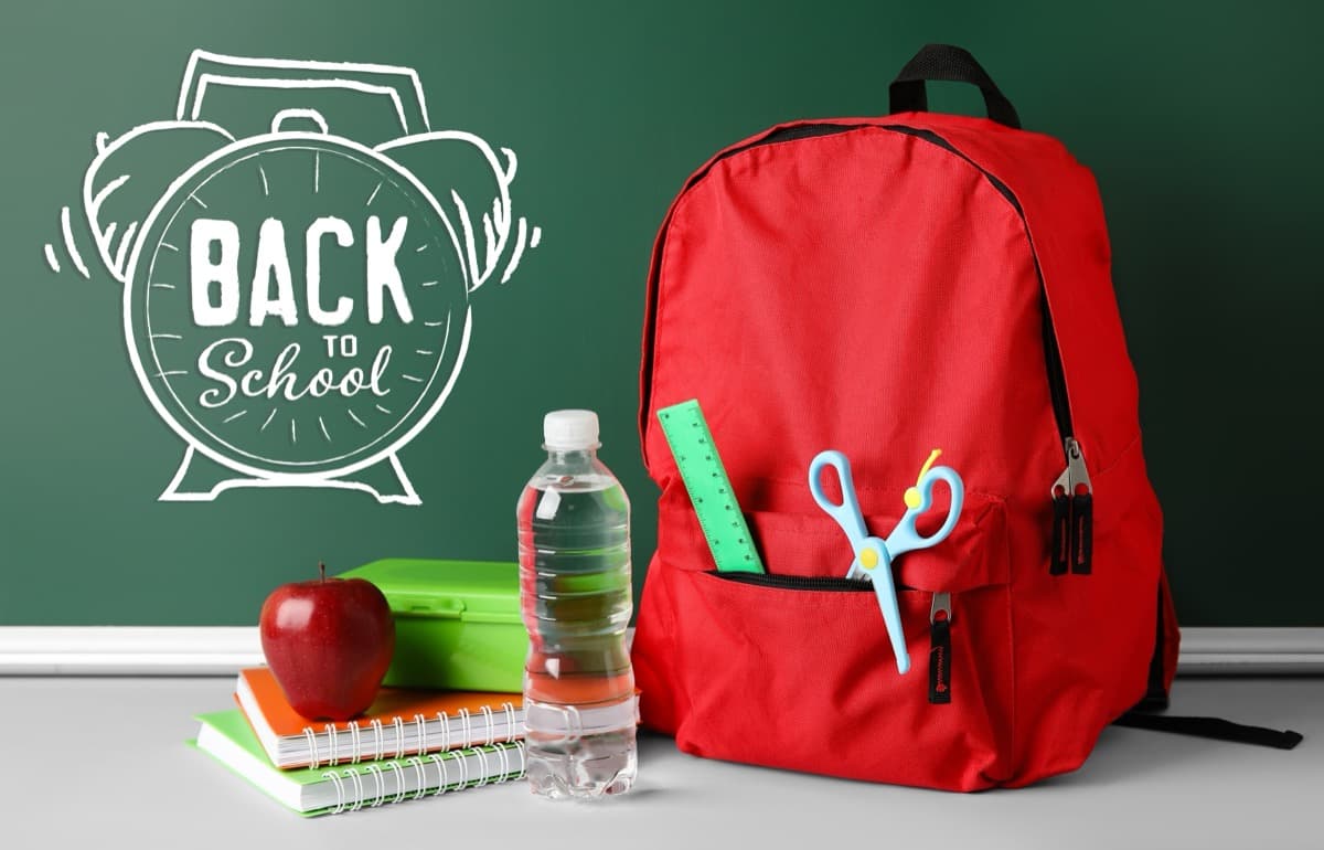 Backpack with school supplies and water bottle for back to school
