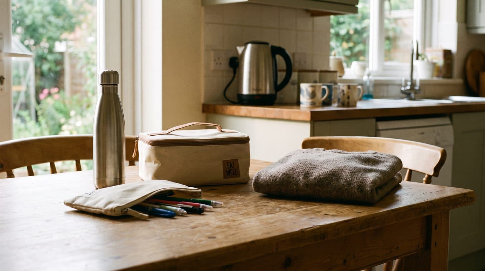 Personalised school essentials laid out on a kitchen table before the new term