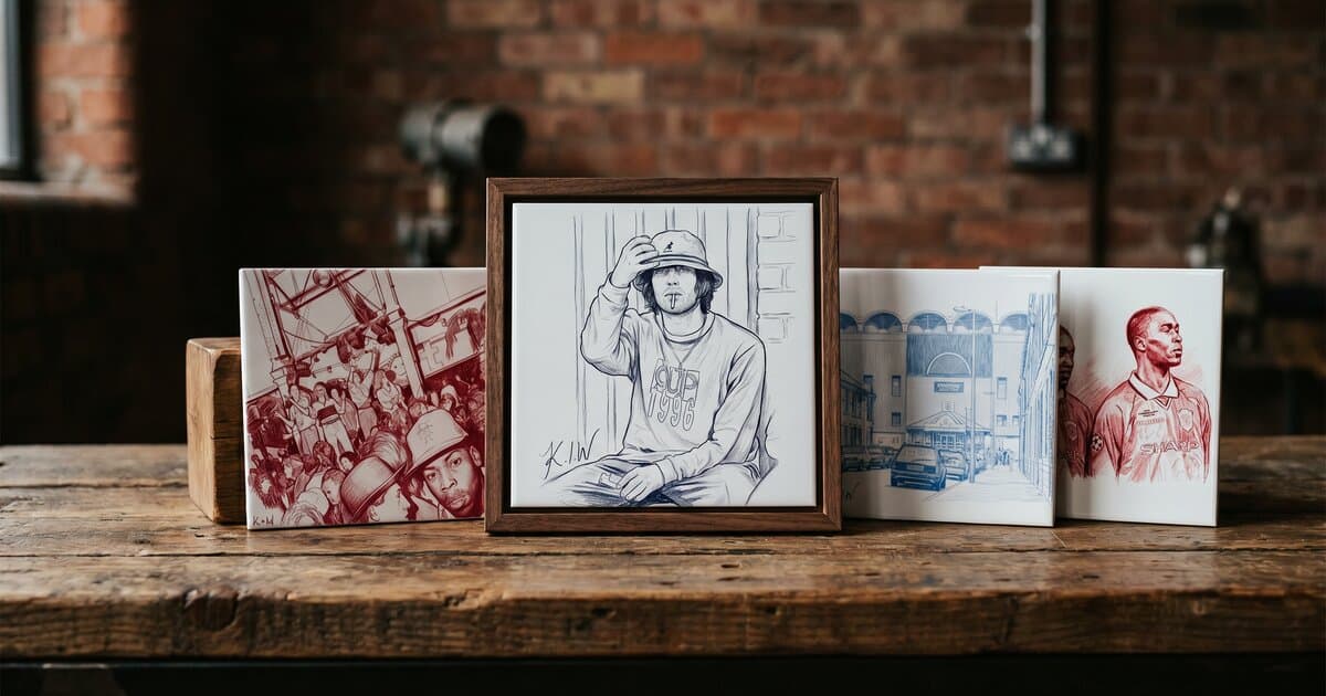 Manchester tile art collection — Liam Gallagher, Hacienda Nightlife, Maine Road and United 99 personalised tiles arranged on a wooden surface