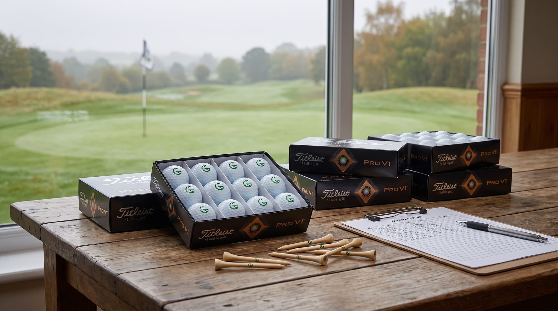Boxes of logo-printed golf balls and printed bamboo tees on a clubhouse table, with a golf course through the window