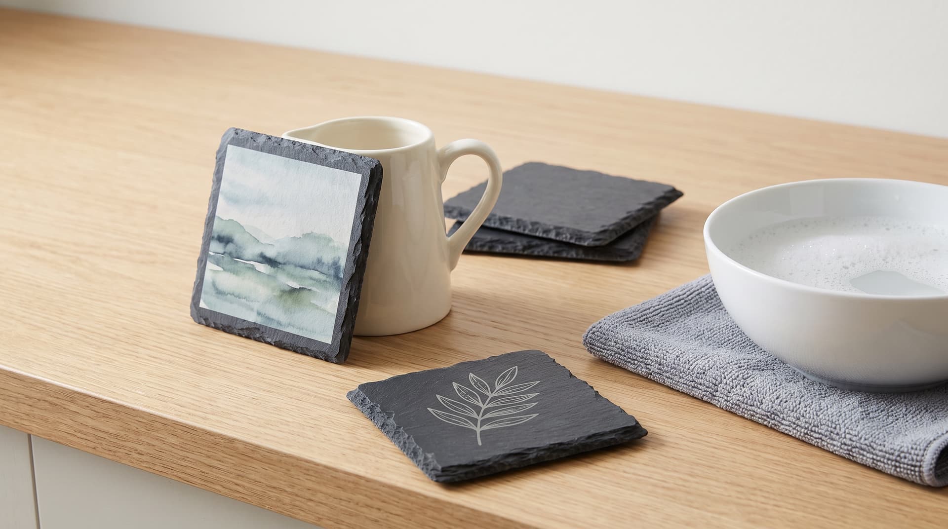 An engraved slate coaster and a full colour printed slate coaster on an oak worktop beside a microfibre cloth
