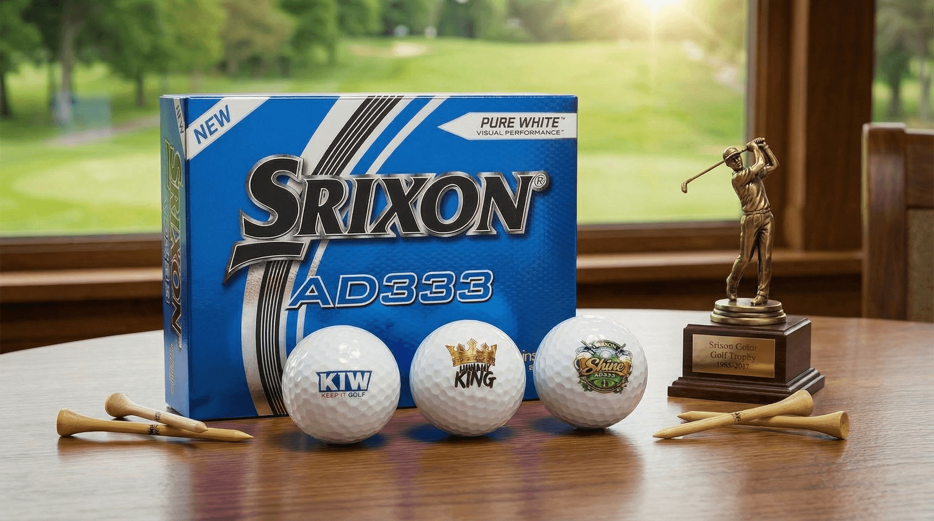 Corporate branded golf balls and bamboo tees laid out as golf day welcome pack gifts