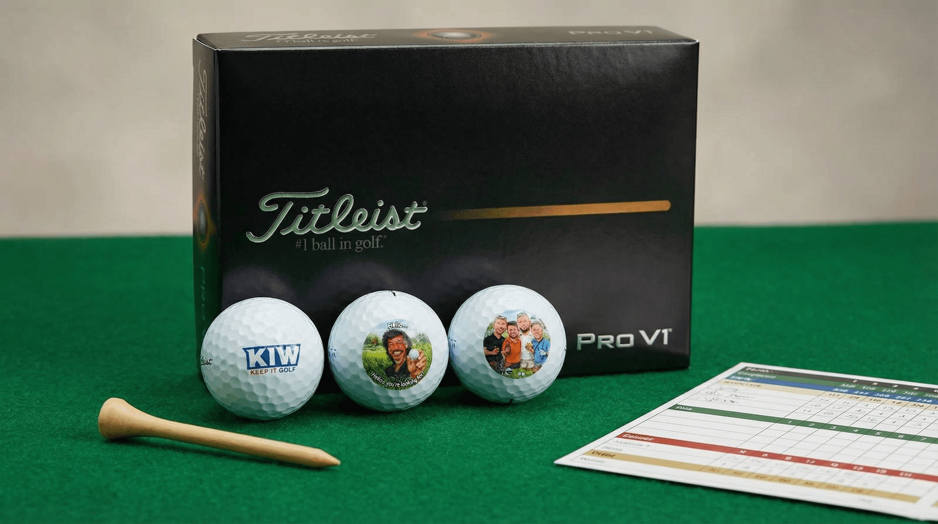 Selection of custom printed golf balls from Titleist, TaylorMade, Callaway, and Srixon displayed on a green felt surface next to a golf tee for scale