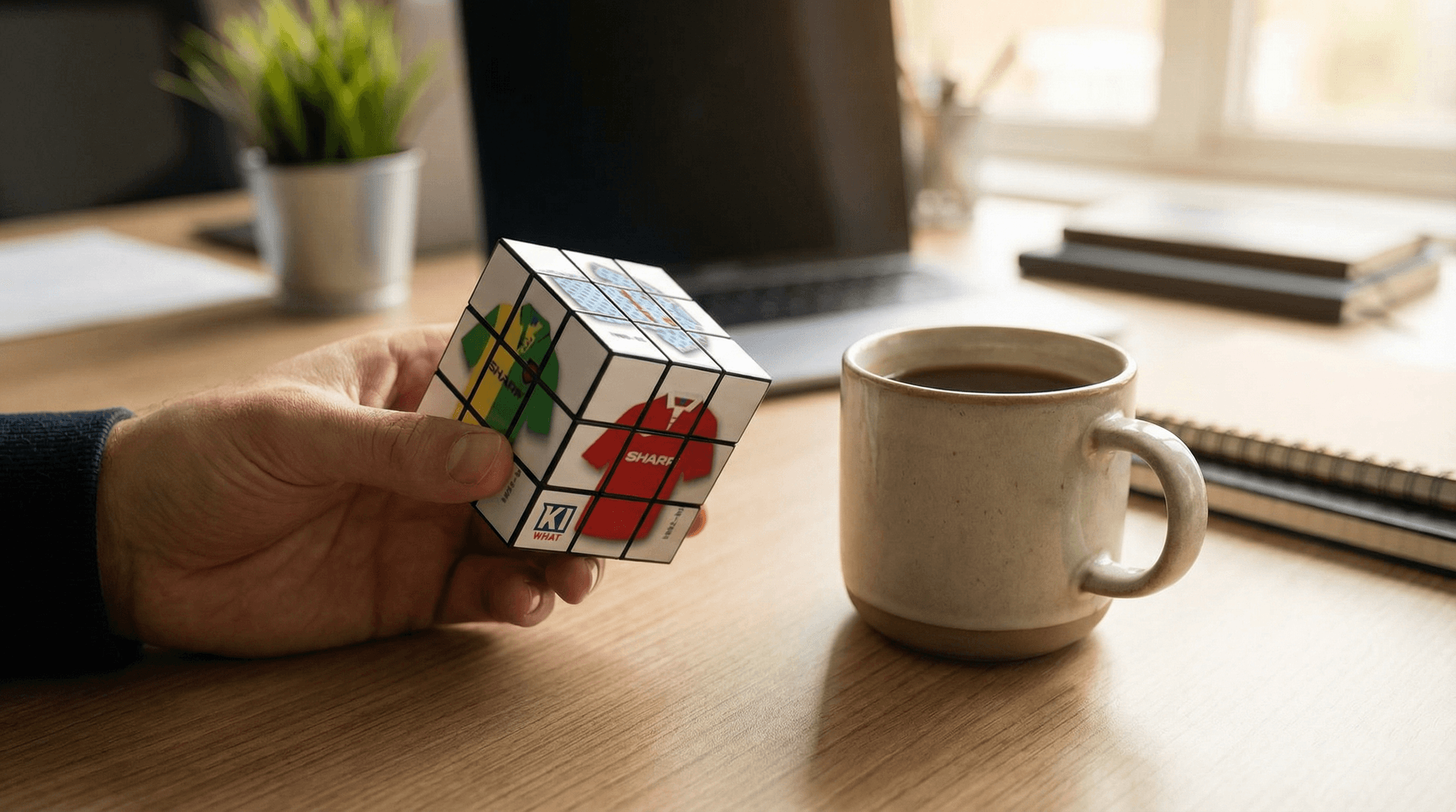 Custom photo cube held in a hand showing personalised photos on each face, with a desk and coffee mug in the background for scale