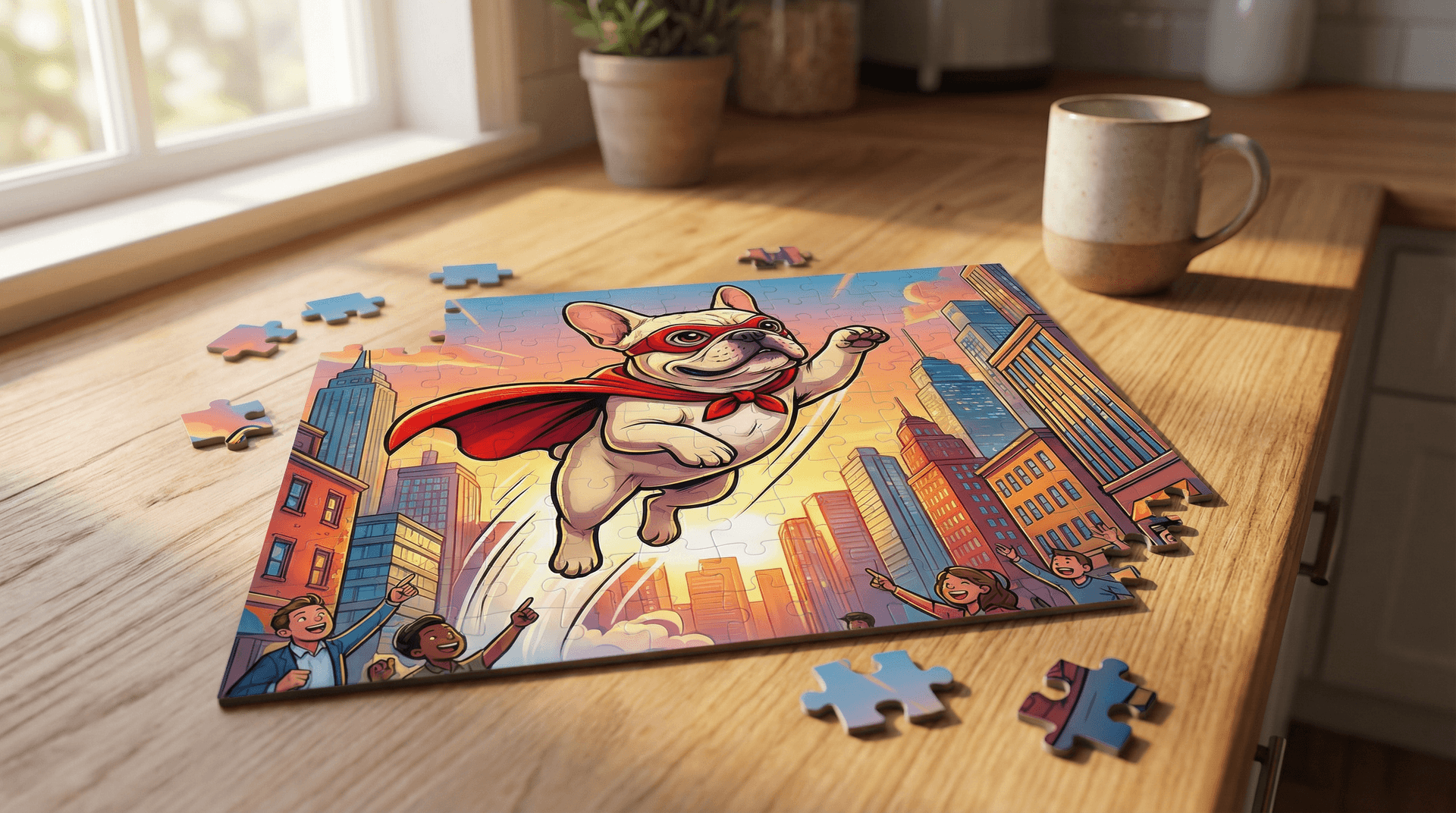 Custom photo jigsaw puzzle pieces scattered on a wooden table with the completed A4 puzzle showing a family photo