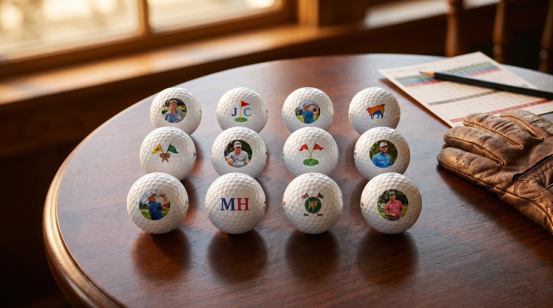 Dirty Dozen set of twelve personalised golf balls, each with a different printed design, arranged in rows on a clubhouse table