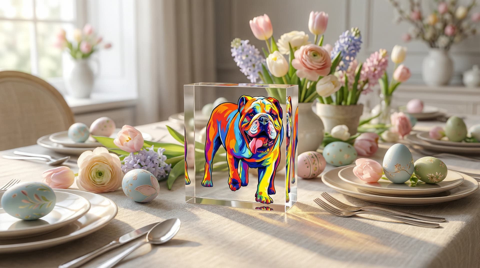 Personalised 25mm acrylic photo block with colourful bulldog print on an elegant Easter table with pastel flowers and decorated eggs