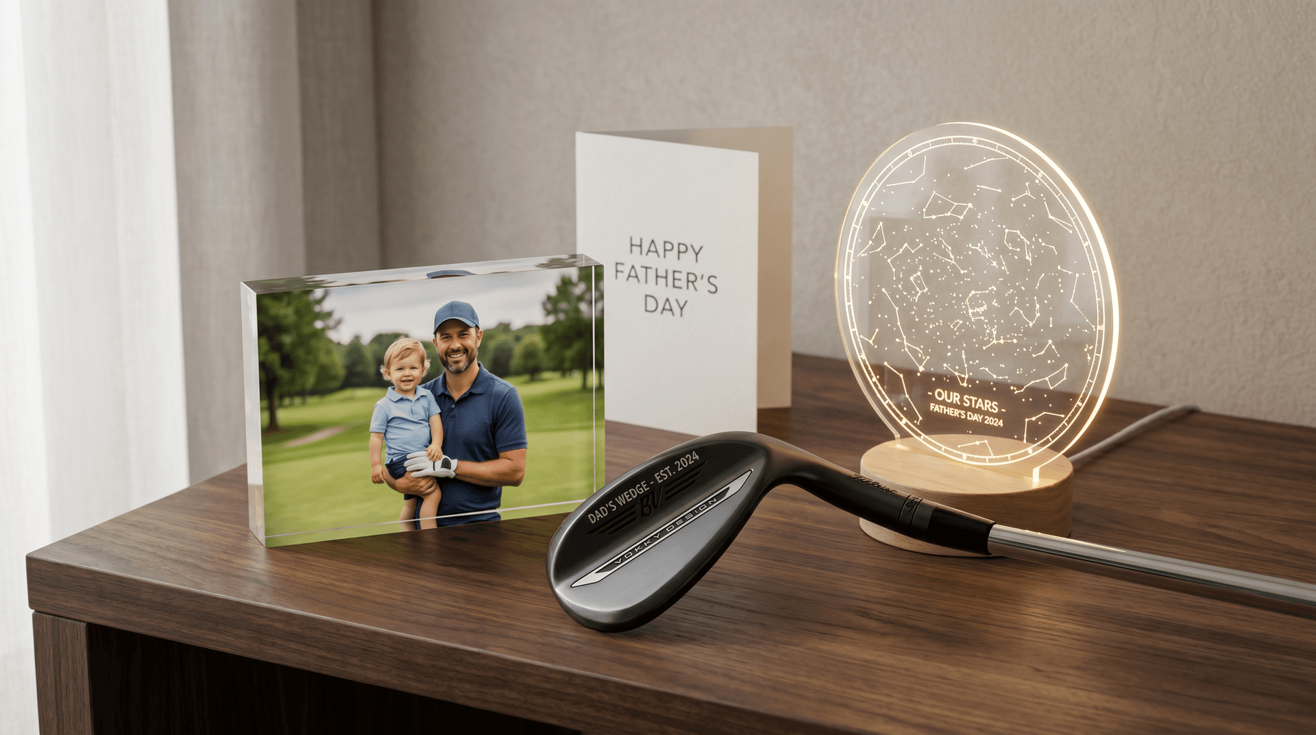 Personalised photo block, star map LED and engraved golf wedge laid out on a dark wood table beside a Father's Day card
