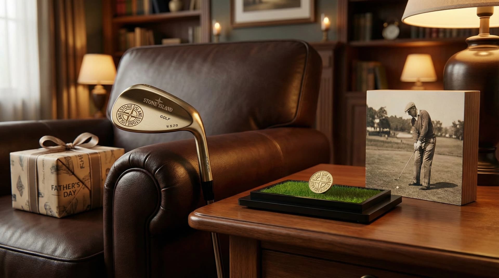 Custom engraved golf wedge and personalised photo block gift set displayed on a dark wooden surface with a Father's Day card