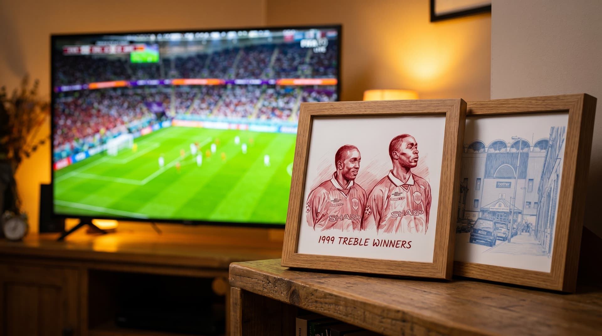 Framed football tile art on a living room shelf with a World Cup match playing on the television in the background