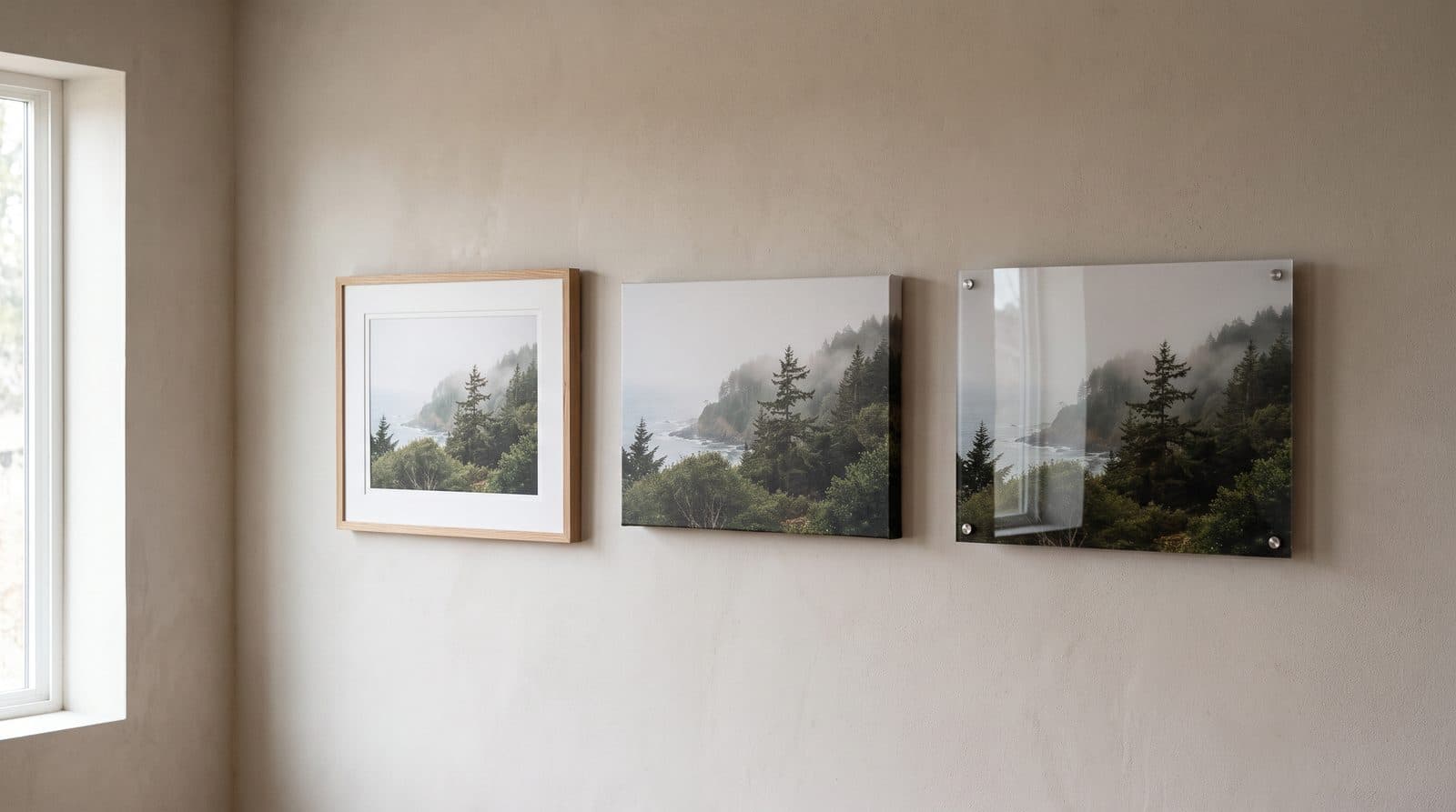 Framed print, canvas and acrylic panel of the same artwork side by side on a wall