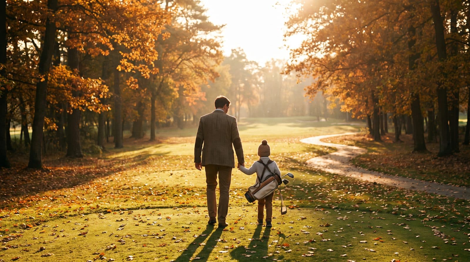Child and parent walking a quiet golf course on an autumn afternoon