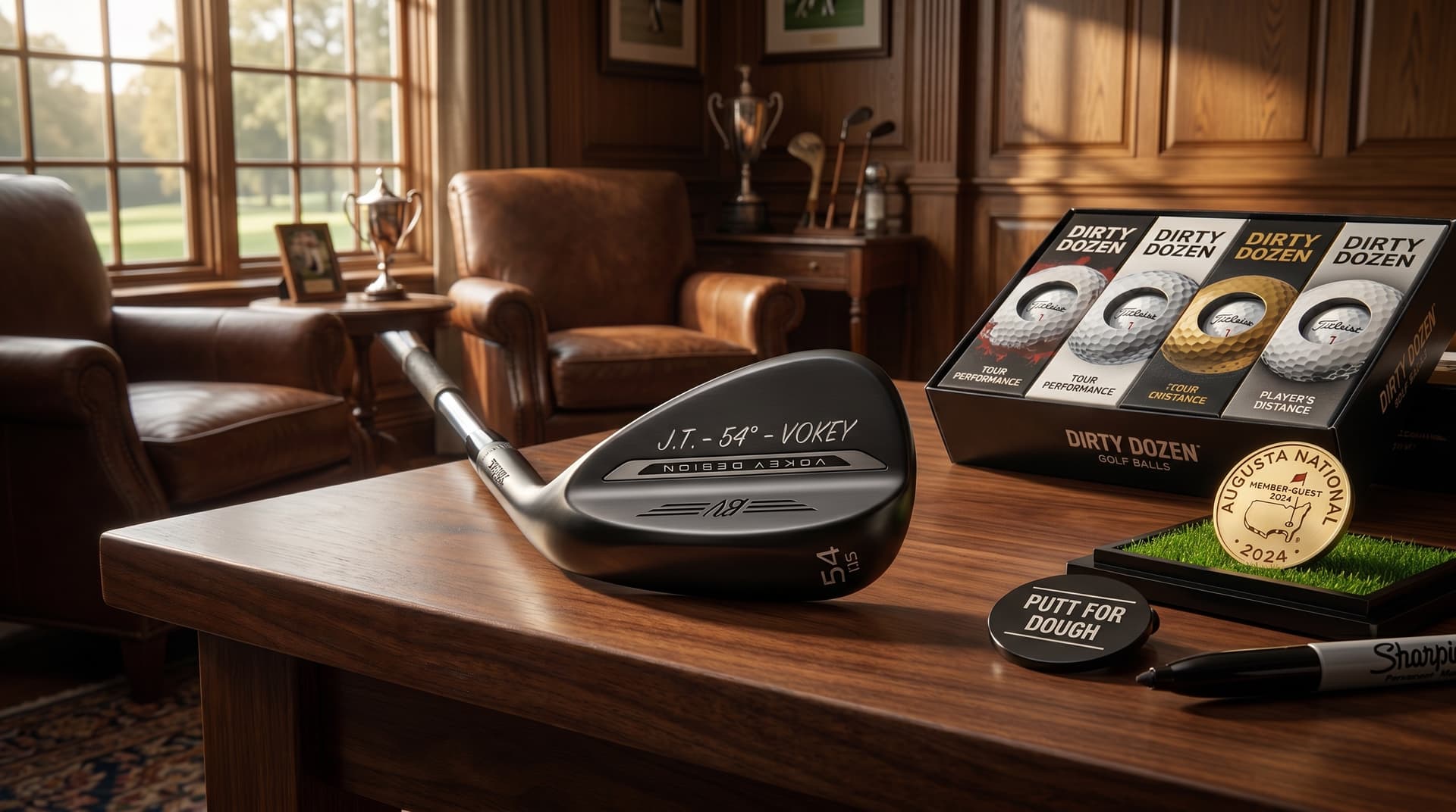 Engraved Titleist wedge and personalised golf gifts displayed together