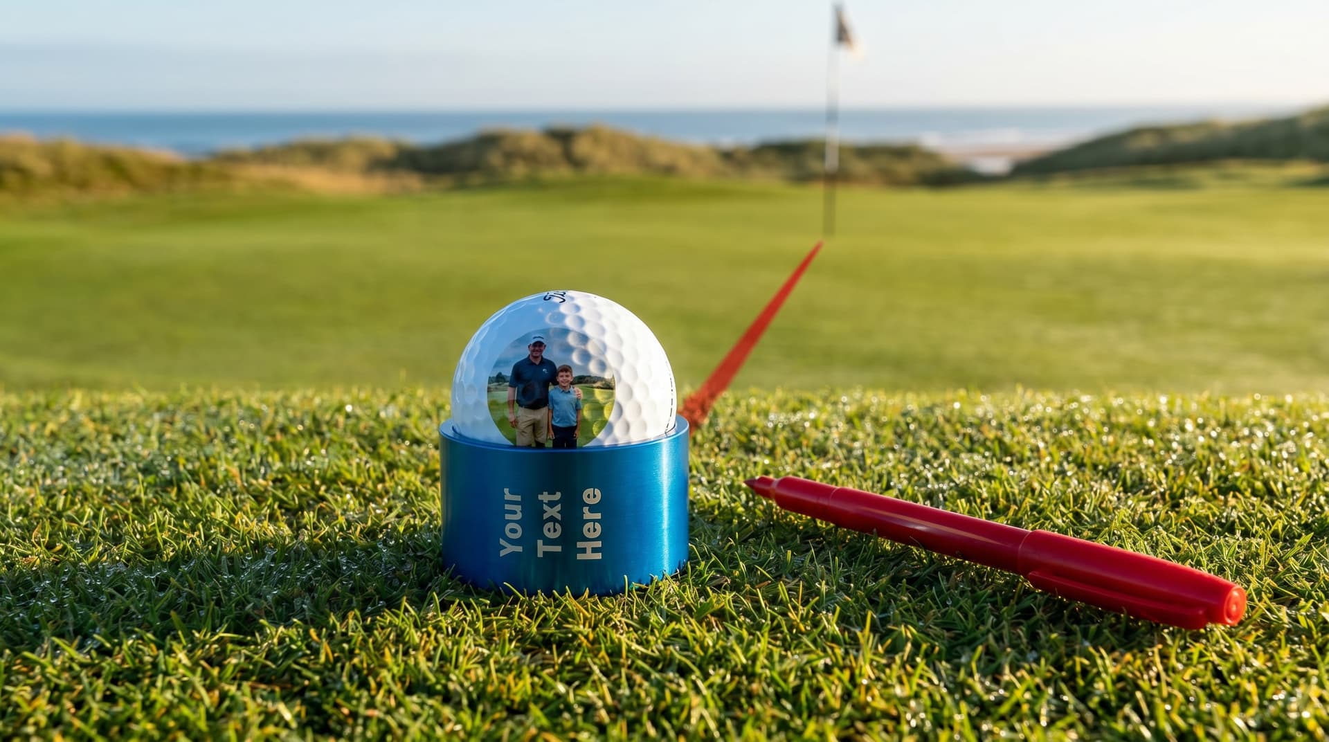 Personalised aluminium golf ball line marker with a custom-marked golf ball on a putting green