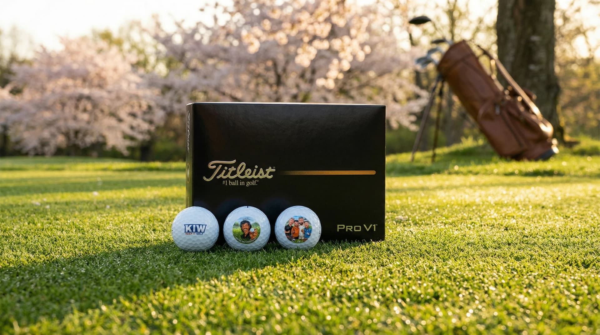 Custom Titleist Pro V1 golf balls with KIW personalisation on a spring golf course fairway with cherry blossoms