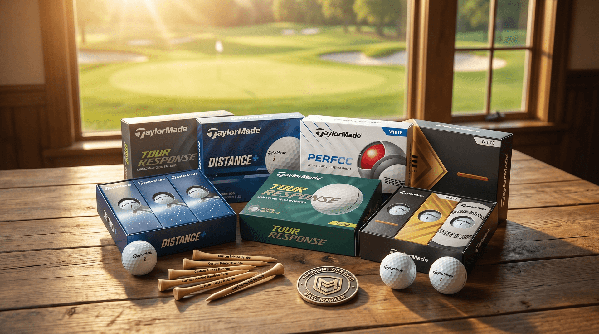 Personalised golf society gift spread with custom balls, engraved ball markers and printed bamboo tees on the first tee