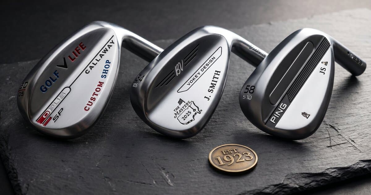 Close-up of three custom golf wedges showing laser engraving, stamping and paint-fill personalisation methods side by side