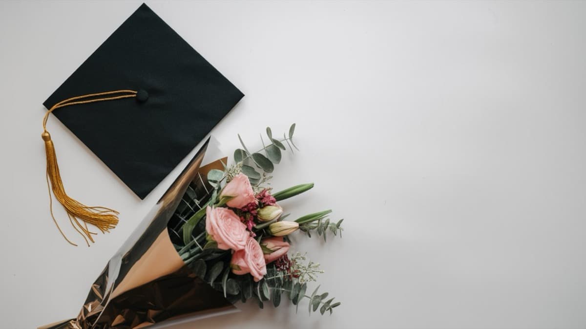 Graduation cap with flower bouquet for celebration