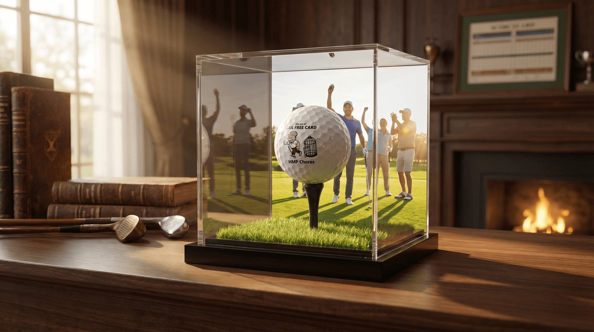 Personalised golf ball display box on a mantlepiece commemorating a hole-in-one round