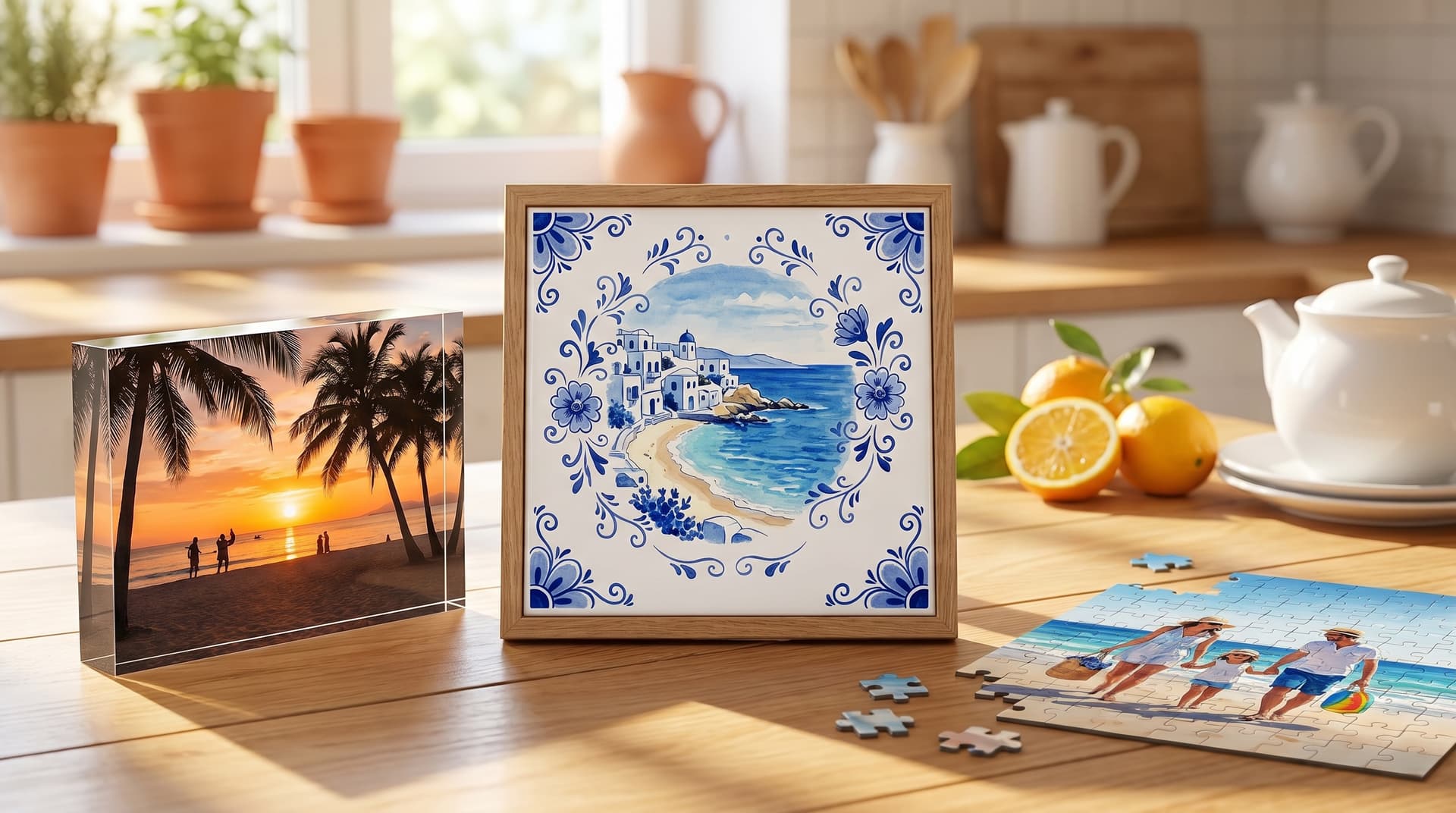 Framed ceramic photo tile of a beach scene beside an acrylic photo block and a photo jigsaw on a bright kitchen table