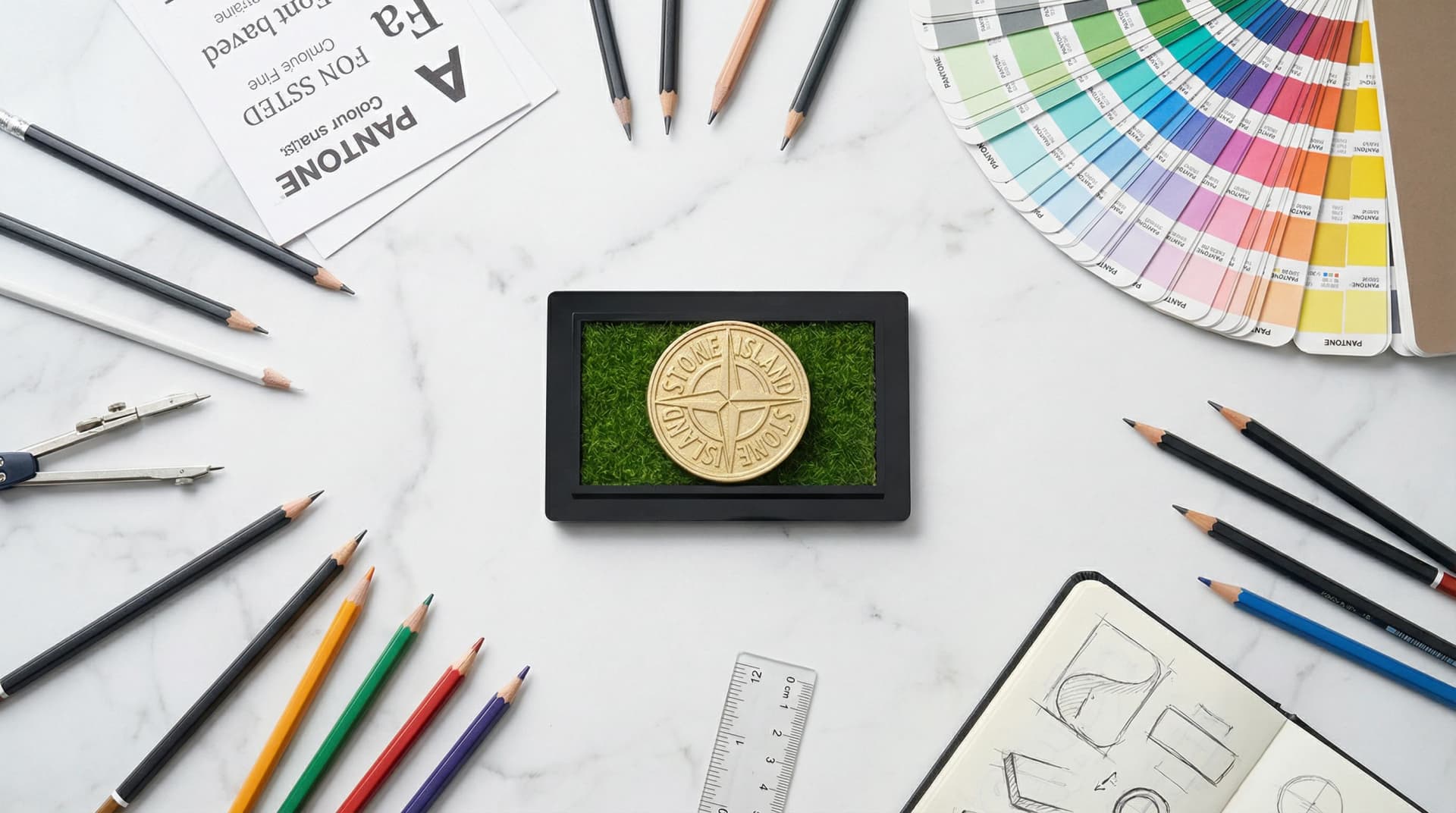 Custom engraved ball marker coin on a marble design workspace with Pantone colour swatches and pencils