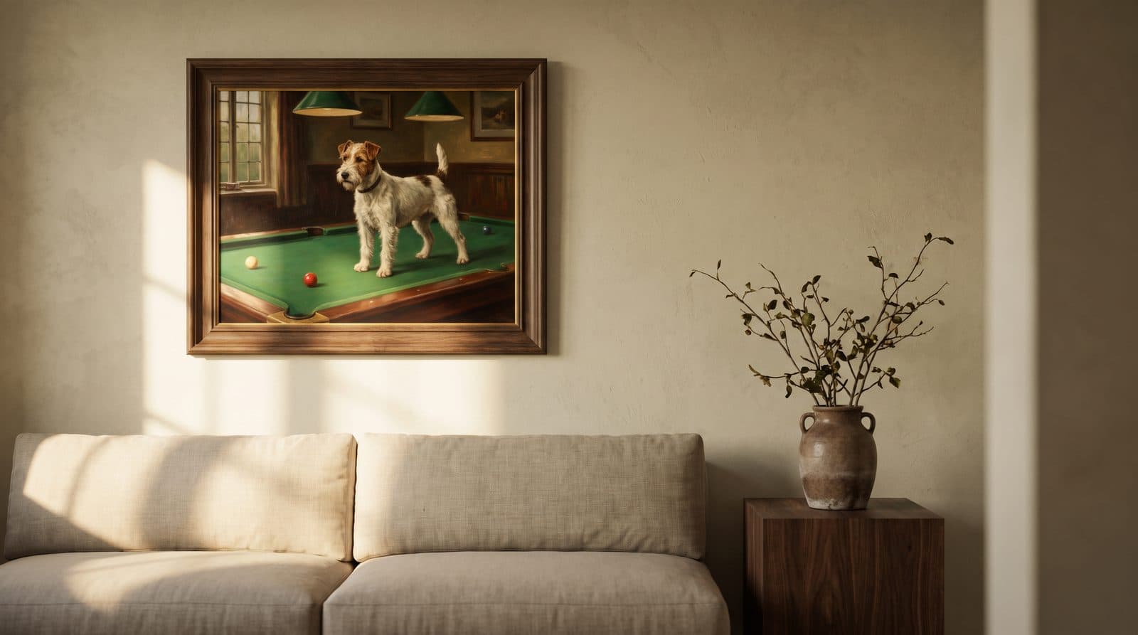 Framed gallery print of a terrier at a pub pool table hanging above a linen sofa