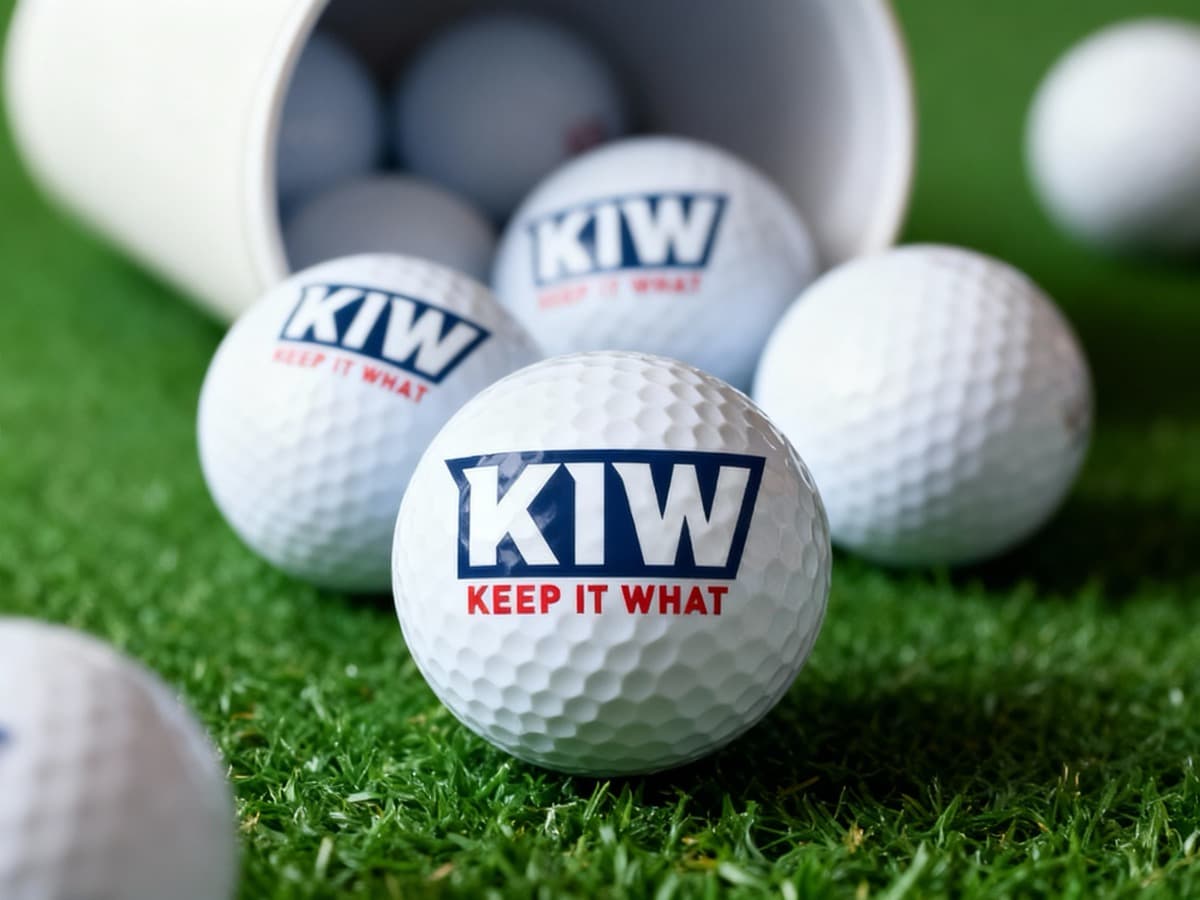 Personalised golf balls laid out on frosted grass on a cold morning
