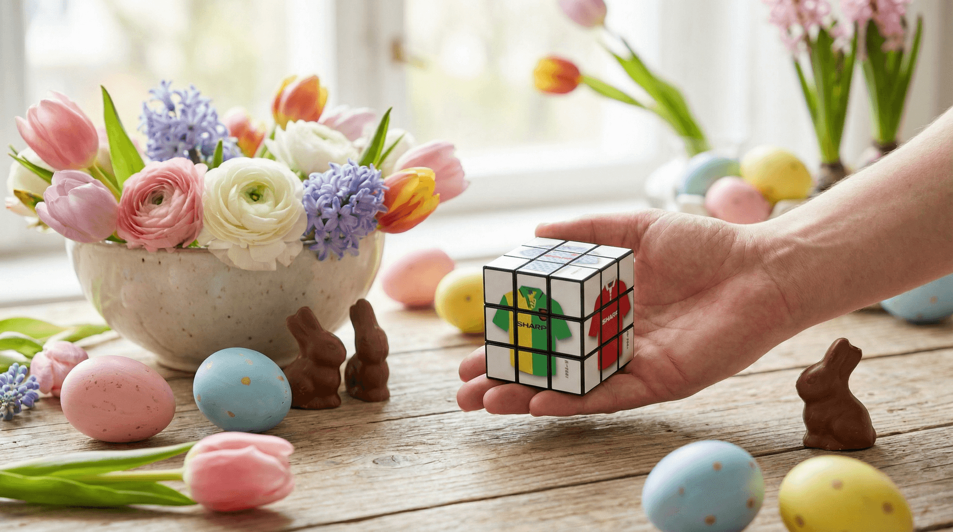 Colourful personalised Easter gifts including a custom photo jigsaw and LEGO brick wall on a spring-themed table