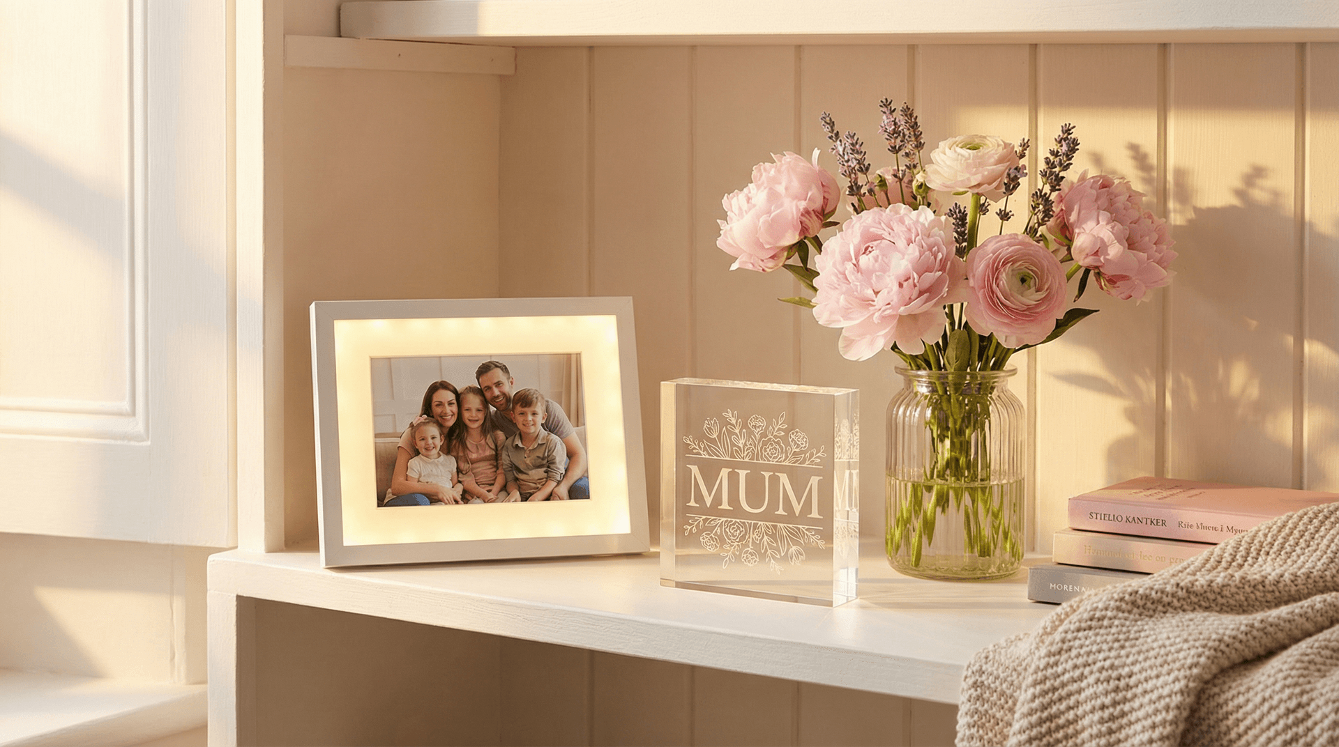 Personalised Mother's Day gifts including LED photo frame and acrylic light displayed on shelf