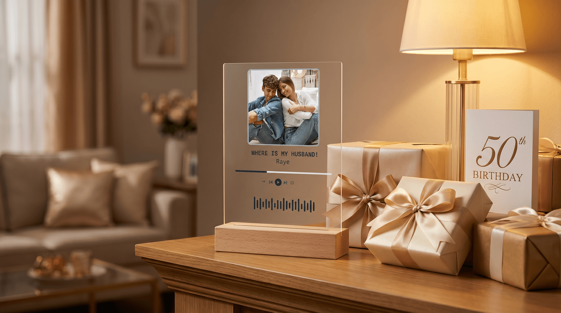 Personalised star map LED light and memory box on a birthday gift table with wrapped presents