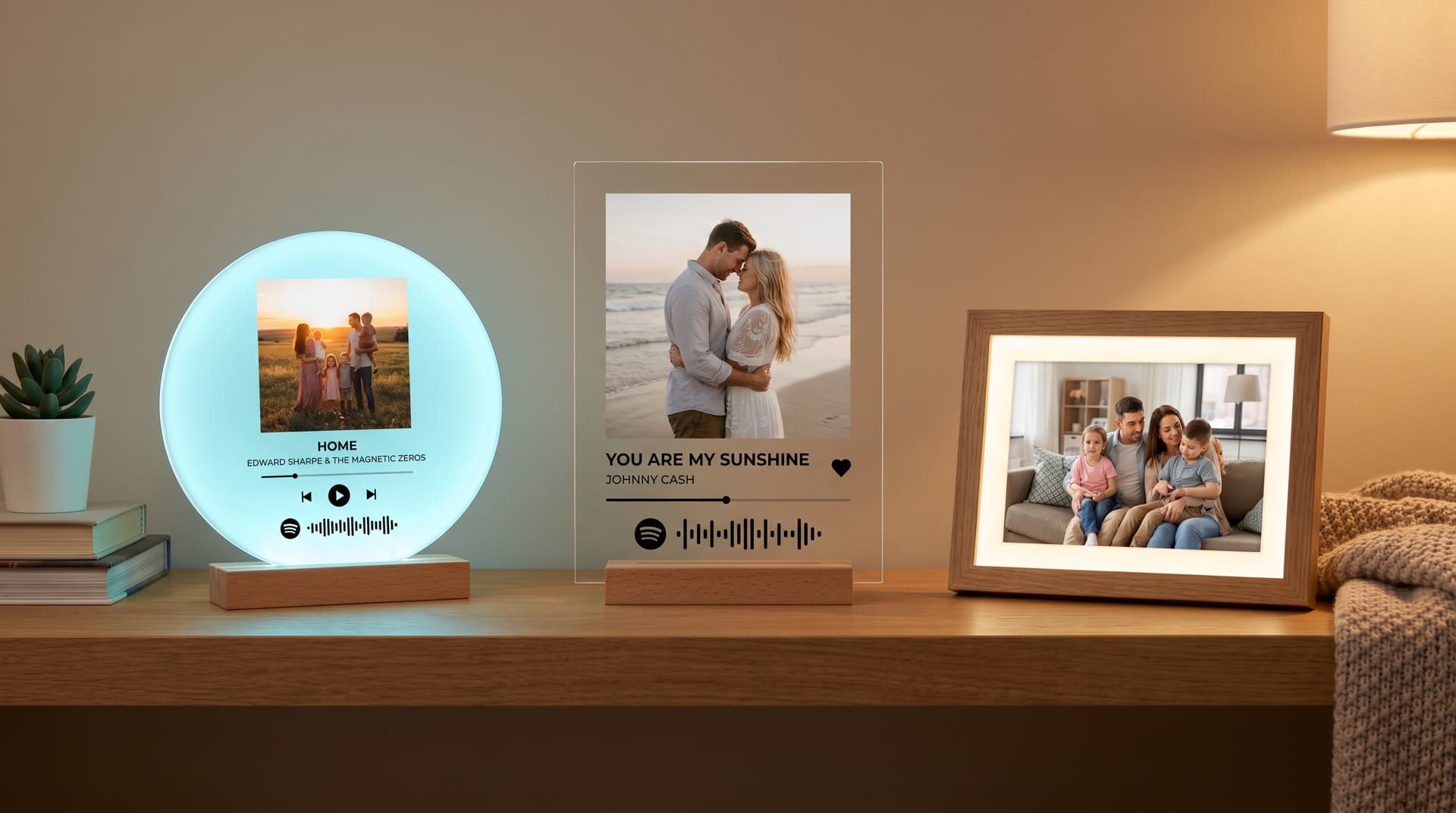 Framed music plaque, round LED music plaque and LED photo frame displayed side by side