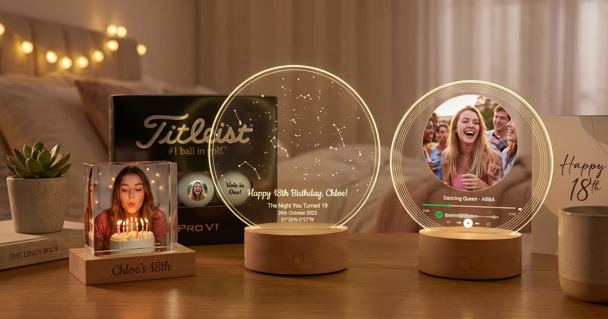 Personalised 18th birthday gifts arranged on a desk — star map LED night light, Spotify music plaque and engraved photo block with celebration photo
