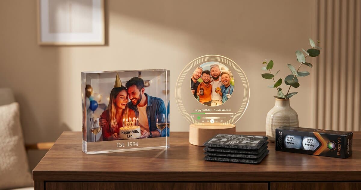 Personalised 30th birthday gifts laid out — 25mm acrylic photo block, music plaque LED, engraved slate coasters and Titleist Pro V1 golf balls