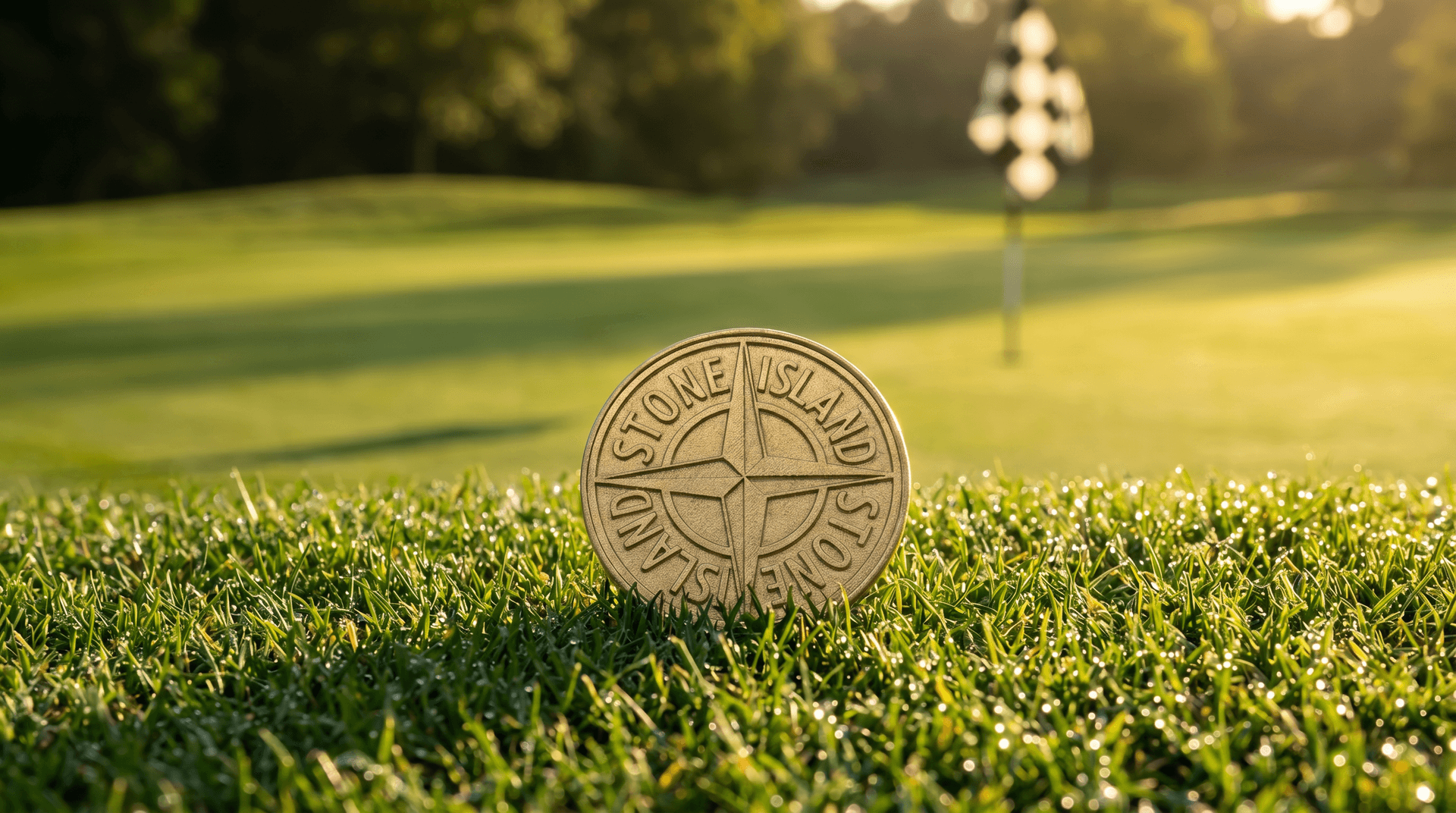 Custom engraved ball marker coin resting on the fringe of a putting green