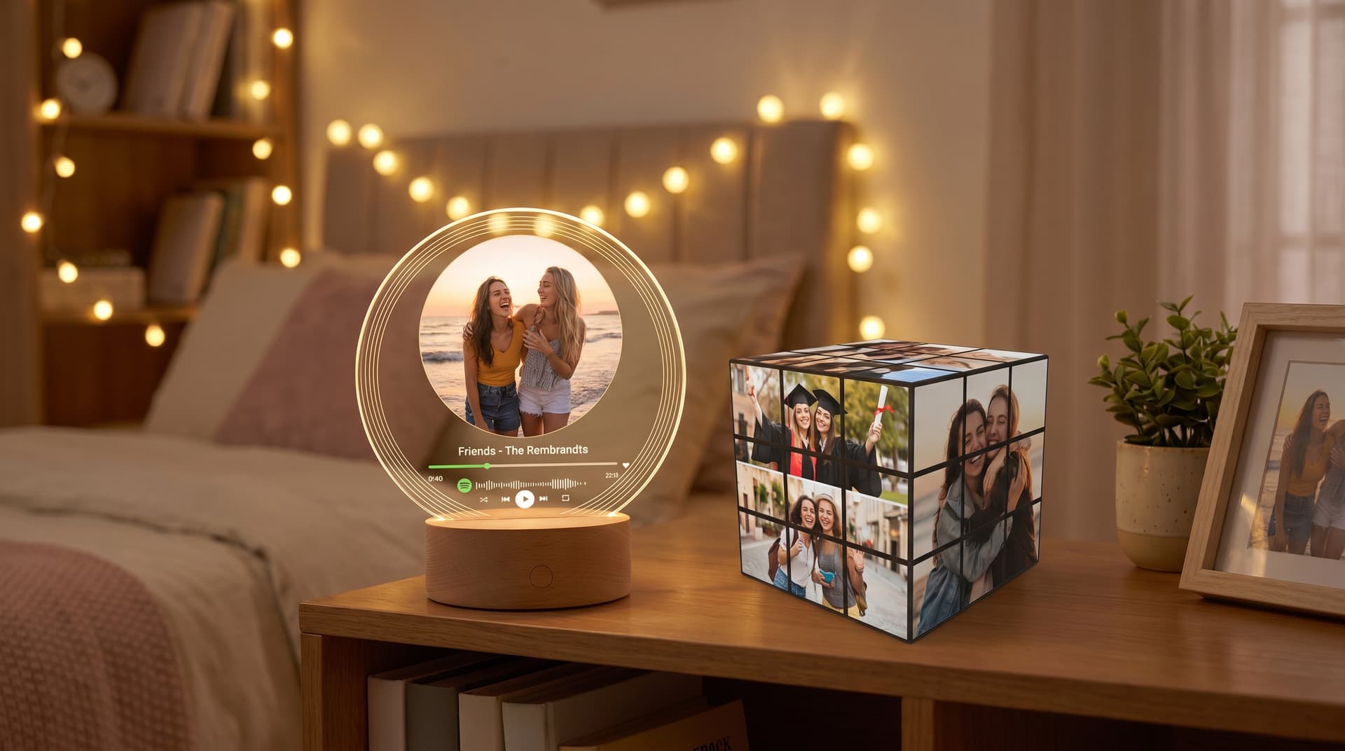 Round LED music plaque showing a shared song beside a photo cube of two friends on a bedroom shelf
