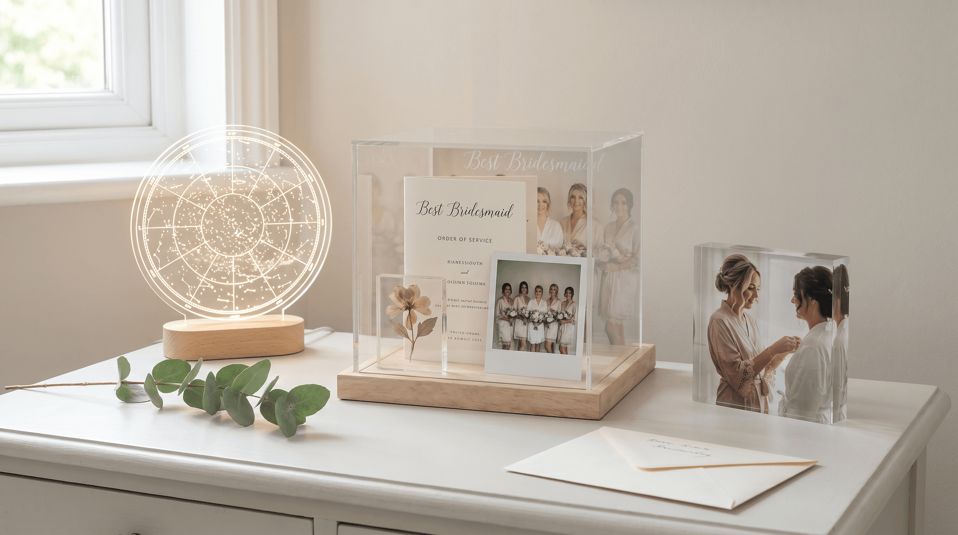 Three personalised bridesmaid gifts on a styled dressing table — photo block, star map LED light and memory box with floral arrangement