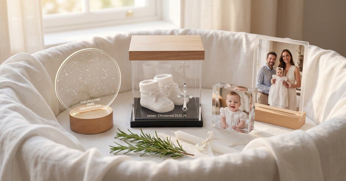 Personalised christening gifts on a white bassinet — engraved memory box, star map LED night light and 25mm photo block with christening day photo