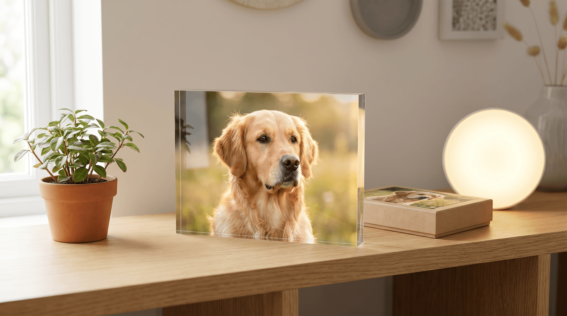 Personalised photo block, jigsaw and LED light featuring a dog portrait on a styled shelf