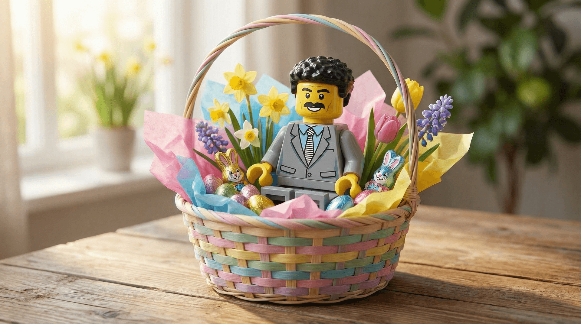 Personalised Easter basket with custom photo jigsaw puzzle, LEGO minifigure, and chocolate eggs