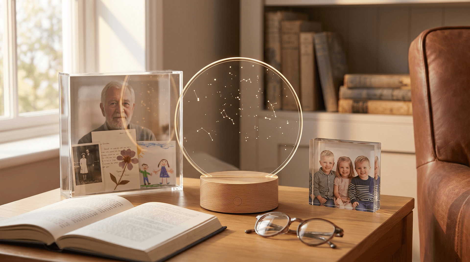 Personalised memory box, star map LED light and photo block on a grandfather's wooden side table beside an open book