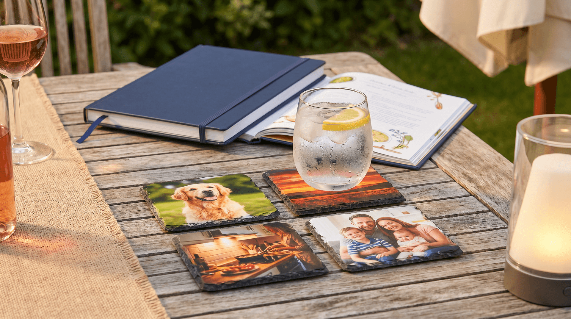 Personalised slate coasters, recipe book and rechargeable photo light arranged on an outdoor garden table at sunset