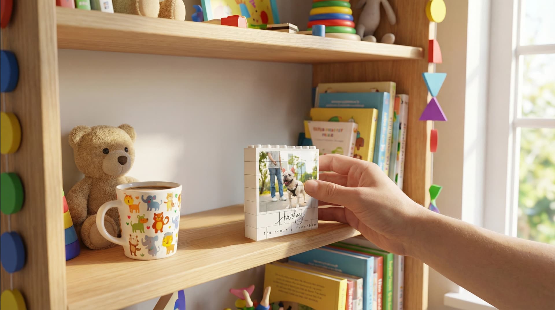 Colourful personalised kids gifts including a custom photo jigsaw, LEGO minifigure, and photo cube arranged on a bright playroom surface