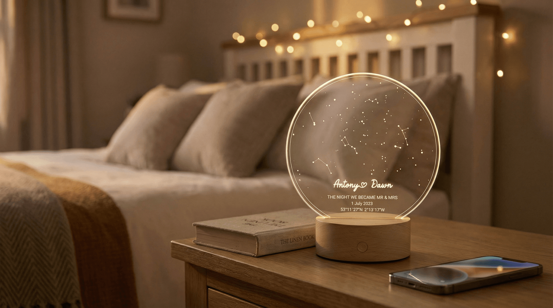 Star Map LED Night Light on a wooden base glowing on a bedside table next to a book and a phone for scale