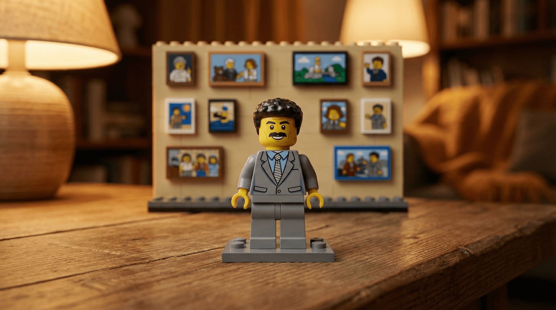 Custom LEGO minifigure with a personalised face next to a LEGO photo brick wall on a wooden shelf