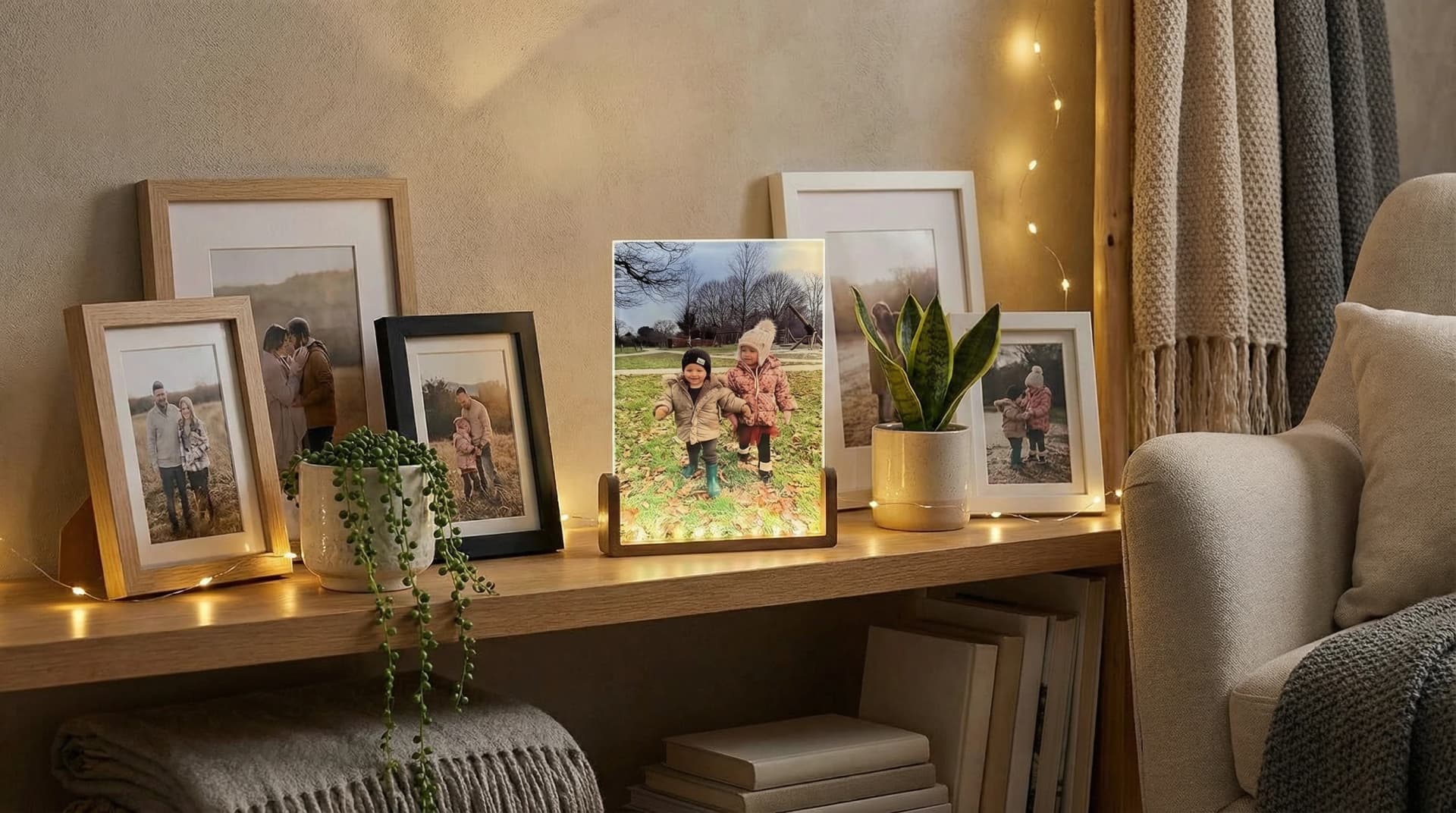 Acrylic Photo Mood Light in dark wood U frame displayed on a cosy living room shelf with fairy lights and family photos
