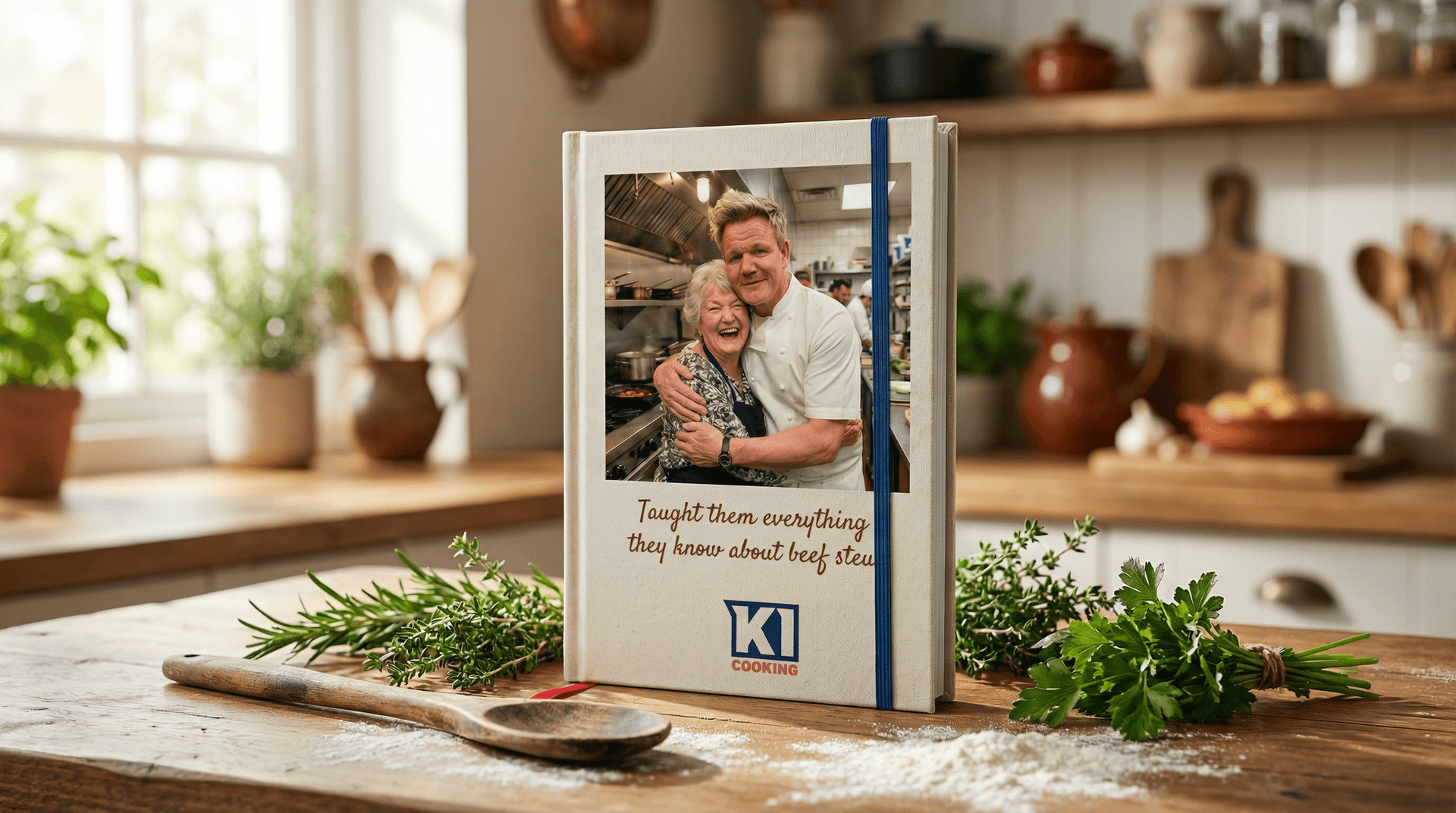 Personalised hardback recipe book with photo cover on a rustic kitchen countertop with fresh herbs